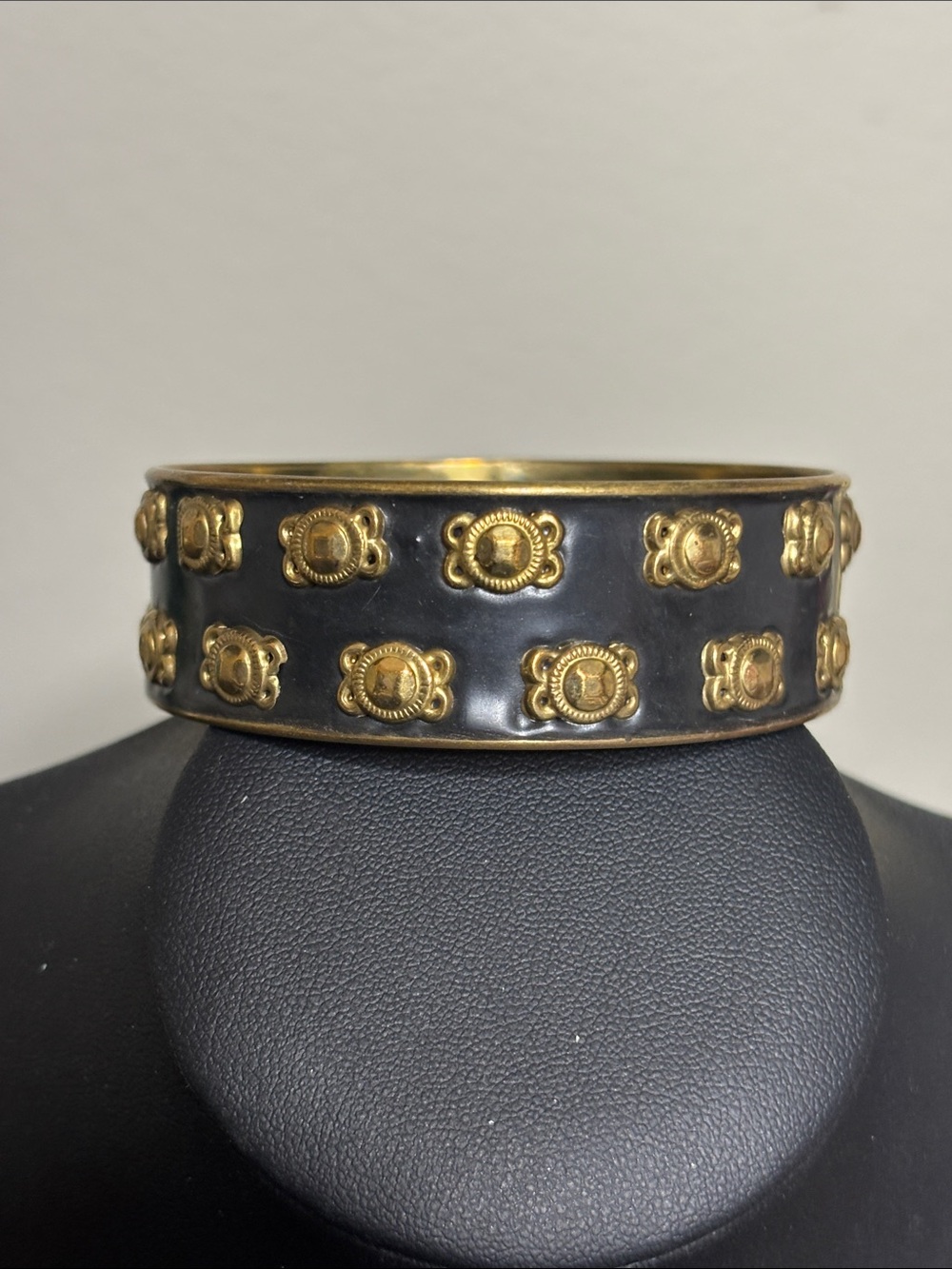 Vintage Brass Gold Accent Black Enamel Bangle Bracelet Victorian